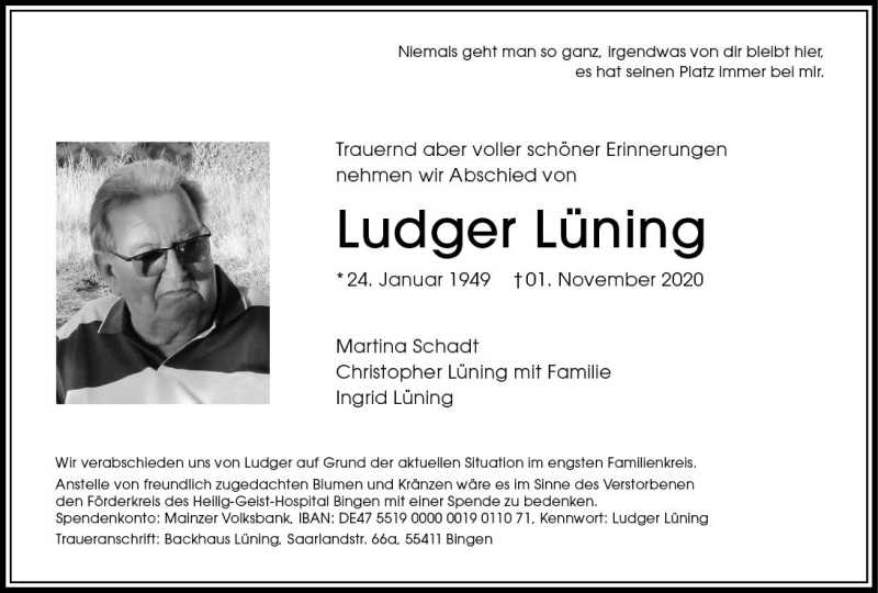  Traueranzeige für Ludger Lüning vom 07.11.2020 aus vrm-trauer