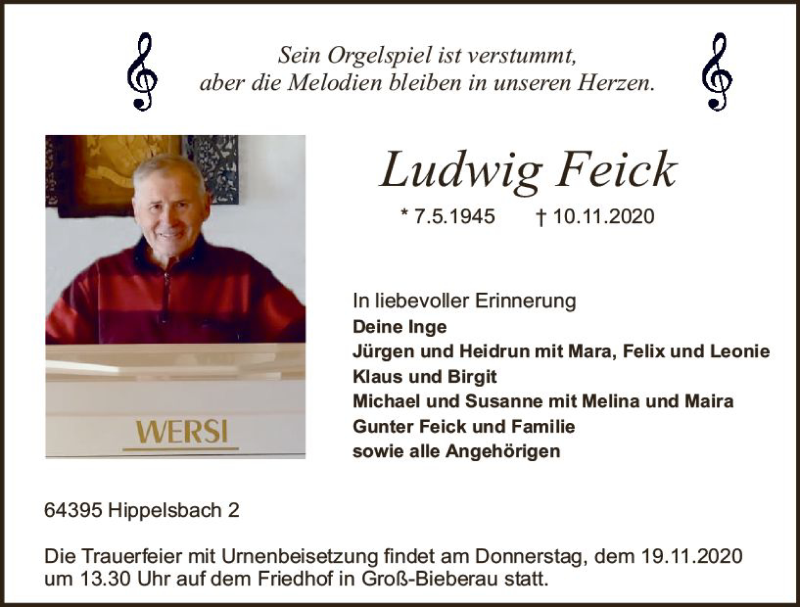  Traueranzeige für Ludwig Feick vom 14.11.2020 aus vrm-trauer
