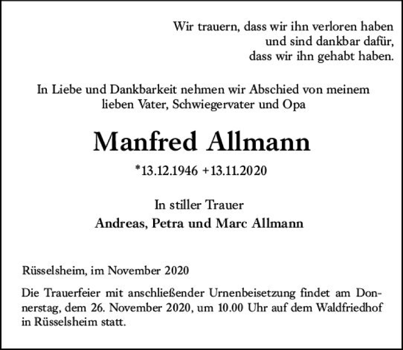  Traueranzeige für Manfred Allmann vom 21.11.2020 aus vrm-trauer