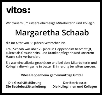 Traueranzeige von Margaretha Schaab von vrm-trauer