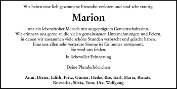 Traueranzeige von Marion  von vrm-trauer