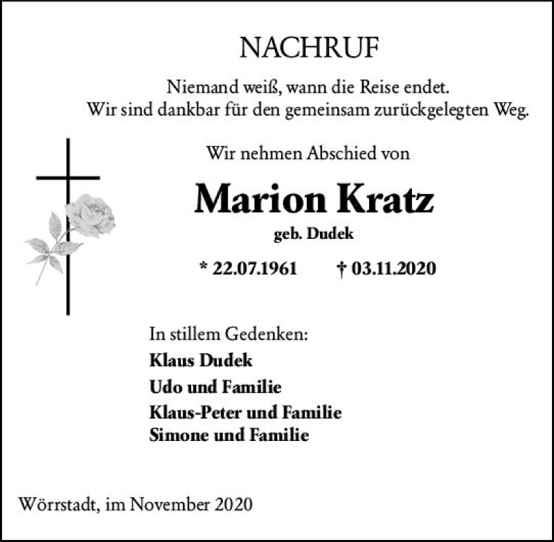  Traueranzeige für Marion Kratz vom 07.11.2020 aus vrm-trauer
