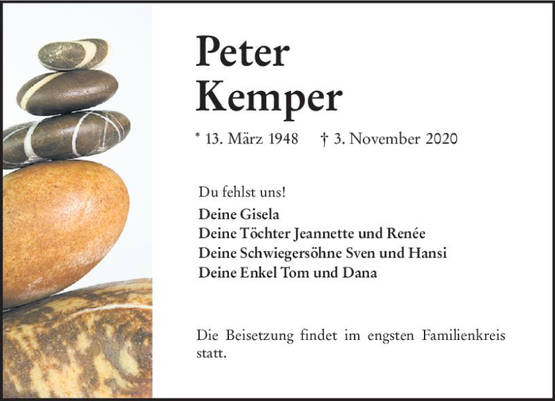  Traueranzeige für Peter Kemper vom 07.11.2020 aus vrm-trauer