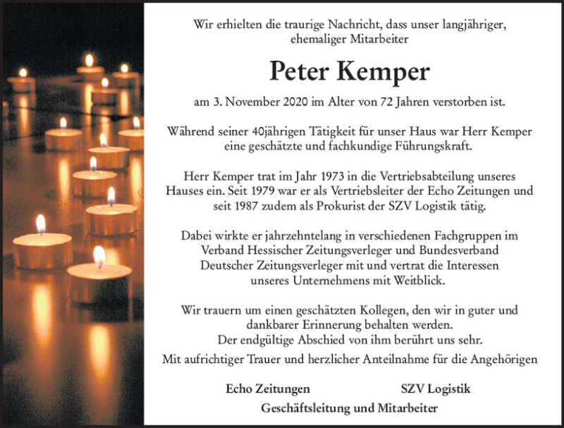  Traueranzeige für Peter Kemper vom 07.11.2020 aus vrm-trauer