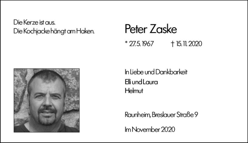  Traueranzeige für Peter Zaske vom 21.11.2020 aus vrm-trauer