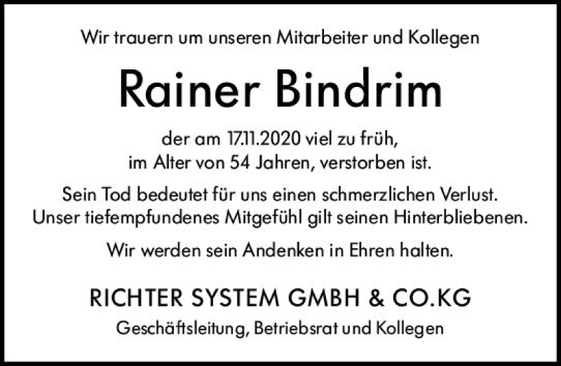  Traueranzeige für Rainer Bindrim vom 21.11.2020 aus vrm-trauer