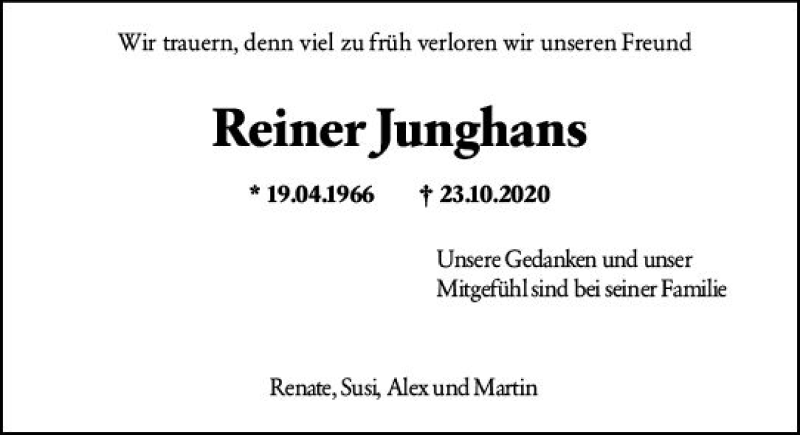  Traueranzeige für Reiner Alexander Junghans vom 07.11.2020 aus vrm-trauer