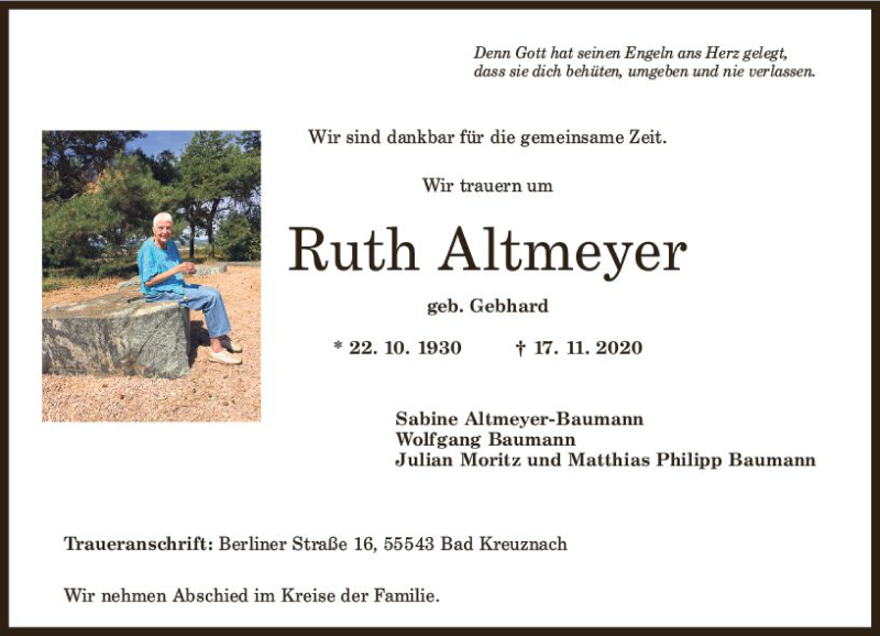 Traueranzeige für Ruth Altmeyer vom 21.11.2020 aus vrm-trauer