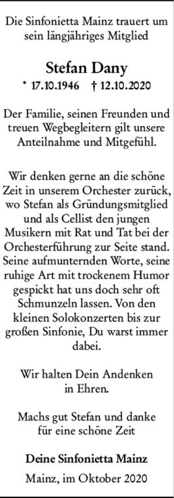  Traueranzeige für Stefan Dany vom 02.11.2020 aus vrm-trauer