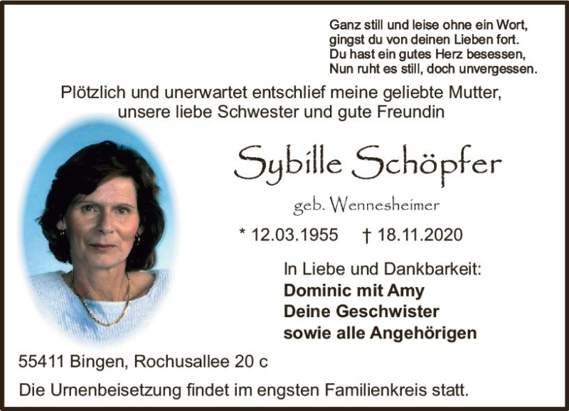 Traueranzeige für Sybille Schöpfer vom 28.11.2020 aus vrm-trauer