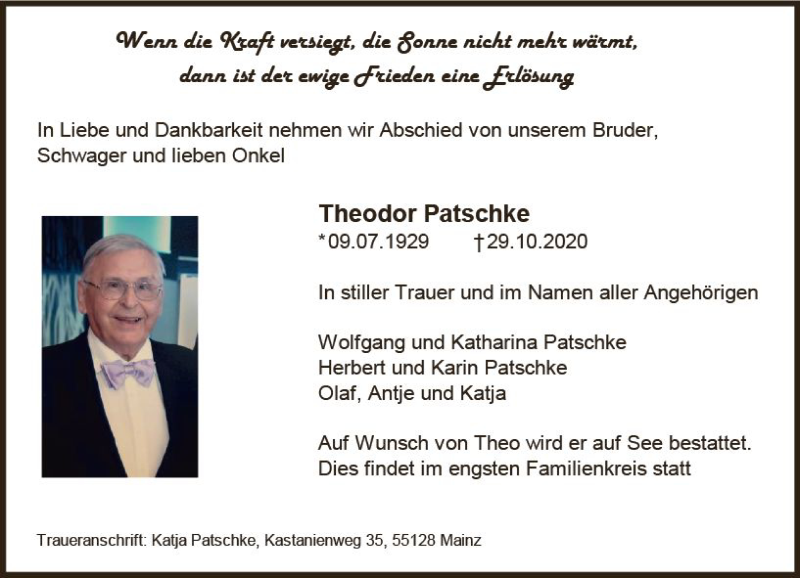  Traueranzeige für Theodor Patschke vom 07.11.2020 aus vrm-trauer