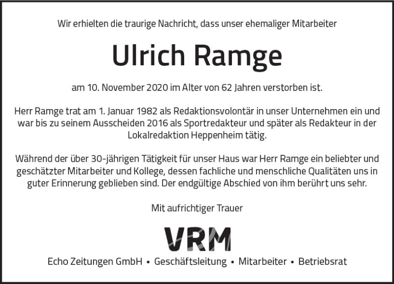  Traueranzeige für Ulrich Ramge vom 14.11.2020 aus vrm-trauer