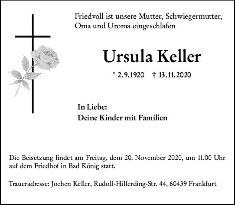  Traueranzeige für Ursula Keller vom 18.11.2020 aus vrm-trauer