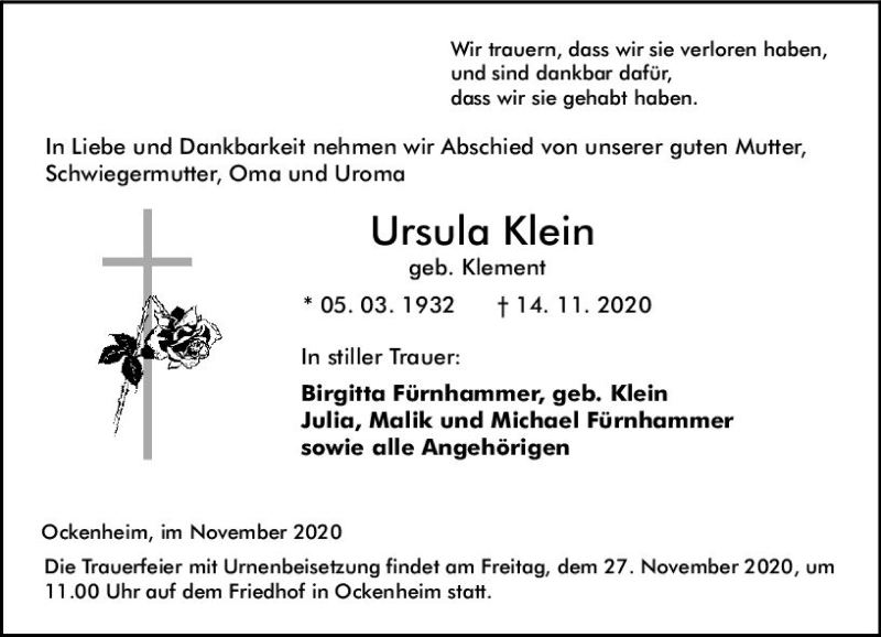  Traueranzeige für Ursula Klein vom 25.11.2020 aus vrm-trauer