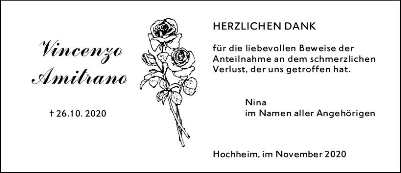  Traueranzeige für Vincenzo Amitrano vom 06.11.2020 aus vrm-trauer