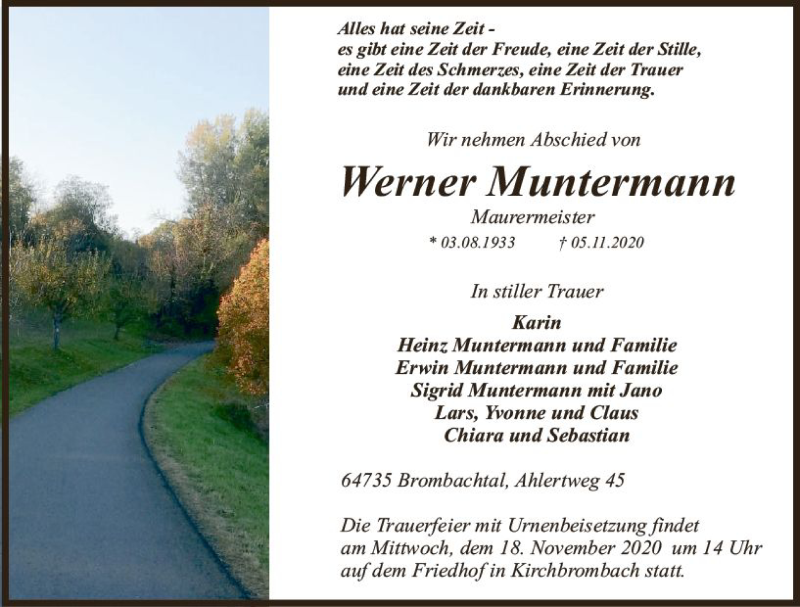 Traueranzeige für Werner Muntermann vom 14.11.2020 aus vrm-trauer