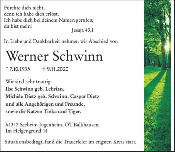 Traueranzeige von Werner Schwinn von vrm-trauer