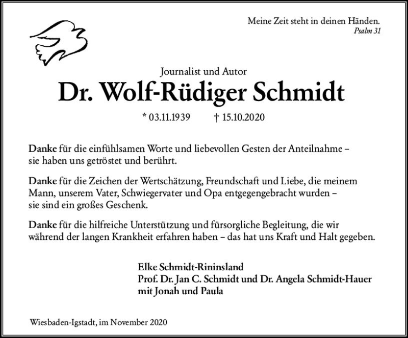  Traueranzeige für Wolf-Rüdiger Schmidt vom 21.11.2020 aus vrm-trauer