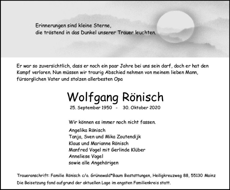  Traueranzeige für Wolfgang Rönisch vom 14.11.2020 aus vrm-trauer