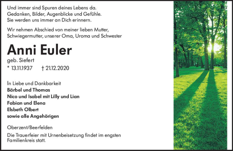  Traueranzeige für Anni Euler vom 30.12.2020 aus vrm-trauer