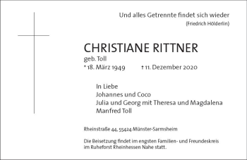 Traueranzeige von Christiane Rittner von vrm-trauer