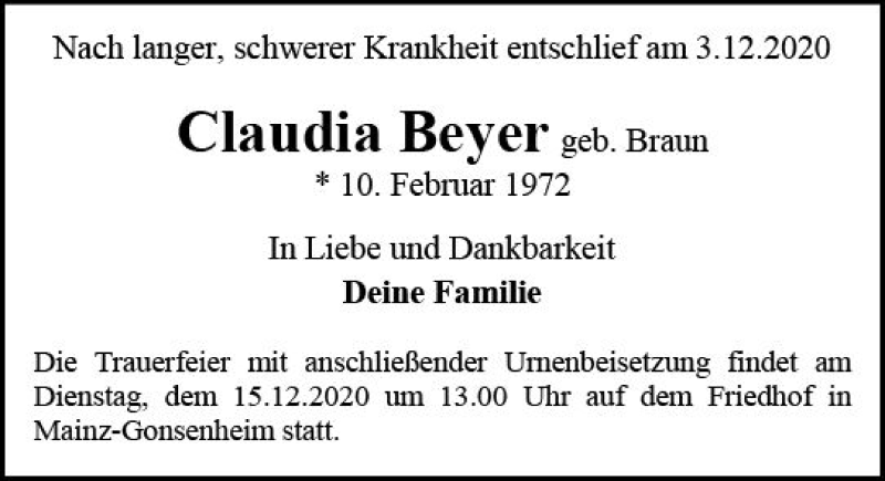  Traueranzeige für Claudia Beyer vom 12.12.2020 aus vrm-trauer