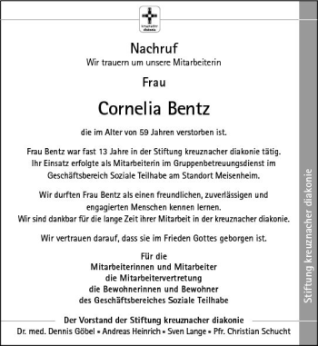 Traueranzeige von Cornelia Bentz von vrm-trauer
