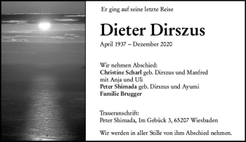 Traueranzeige von Dieter Dirszus von vrm-trauer