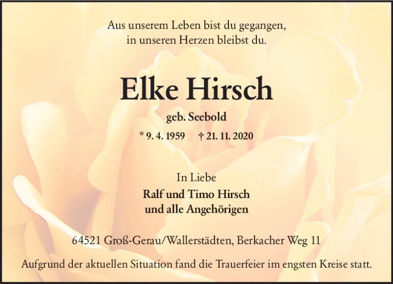  Traueranzeige für Elke Hirsch vom 05.12.2020 aus vrm-trauer