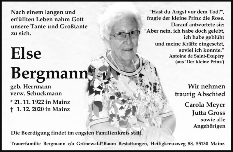  Traueranzeige für Else Bergmann vom 05.12.2020 aus vrm-trauer