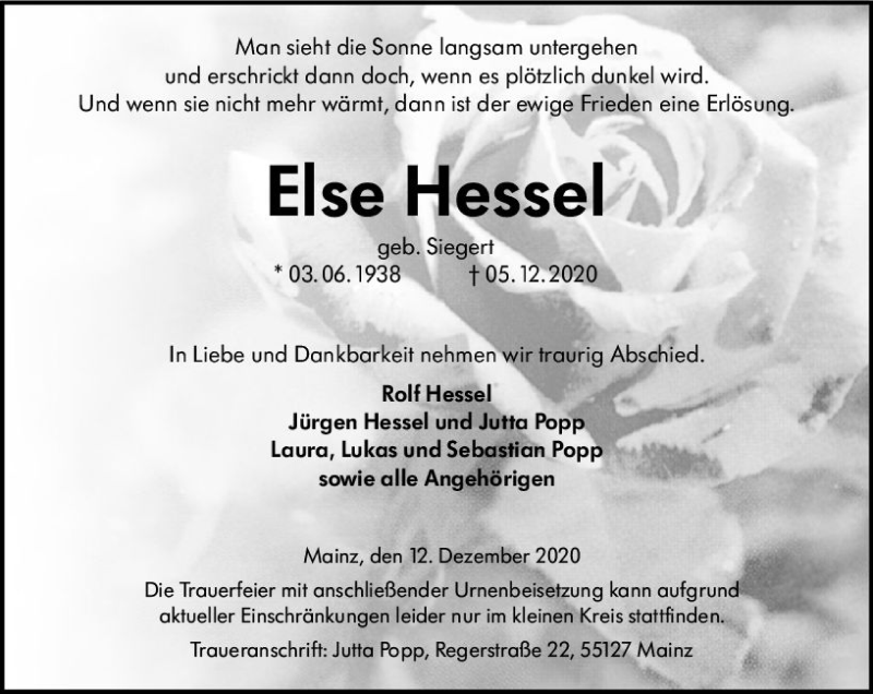  Traueranzeige für Else Hessel vom 12.12.2020 aus vrm-trauer