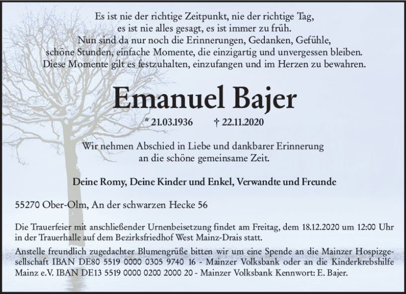  Traueranzeige für Emanuel Bajer vom 05.12.2020 aus vrm-trauer