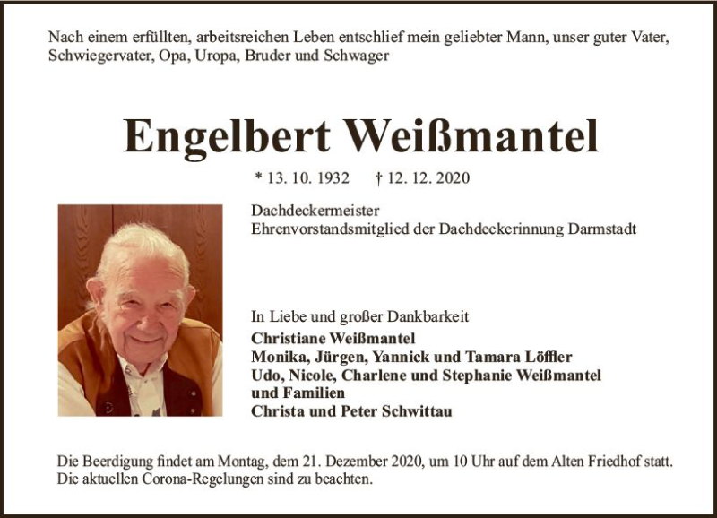  Traueranzeige für Engelbert Weißmantel vom 19.12.2020 aus vrm-trauer
