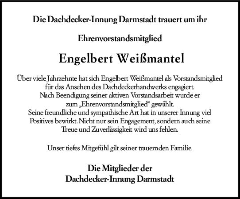 Traueranzeige für Engelbert Weißmantel vom 22.12.2020 aus vrm-trauer