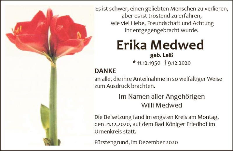  Traueranzeige für Erika Medwed vom 23.12.2020 aus vrm-trauer