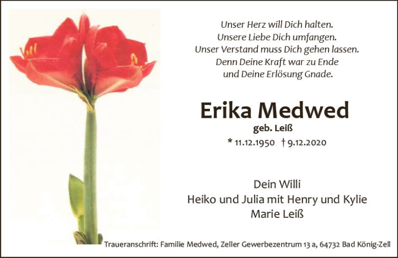  Traueranzeige für Erika Medwed vom 12.12.2020 aus vrm-trauer
