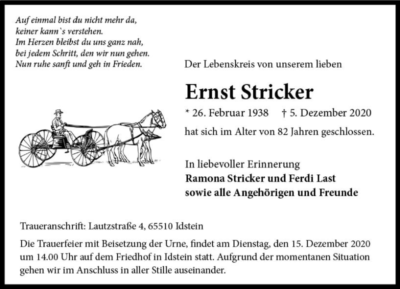  Traueranzeige für Ernst Stricker vom 12.12.2020 aus vrm-trauer