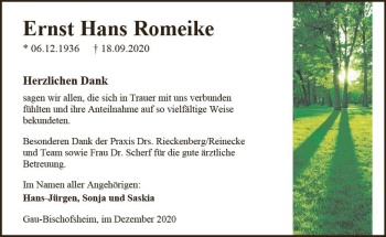 Traueranzeige von Ernst Hans Romeike von vrm-trauer