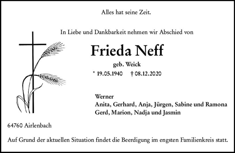  Traueranzeige für Frieda Neff vom 12.12.2020 aus vrm-trauer