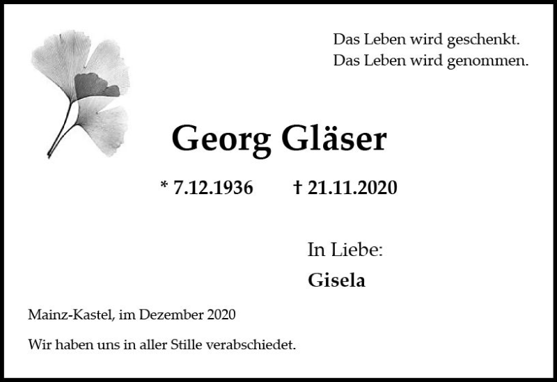  Traueranzeige für Georg Gläser vom 12.12.2020 aus vrm-trauer