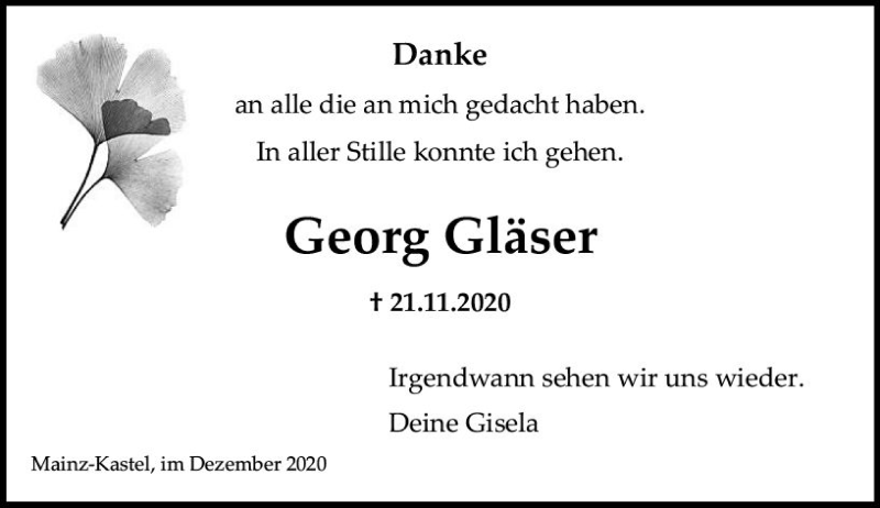  Traueranzeige für Georg Gläser vom 19.12.2020 aus vrm-trauer