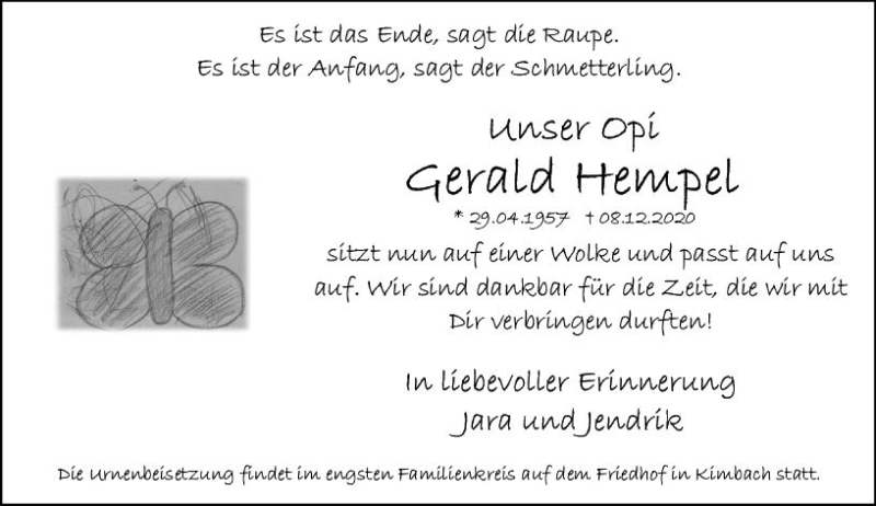  Traueranzeige für Gerald Hempel vom 16.12.2020 aus vrm-trauer