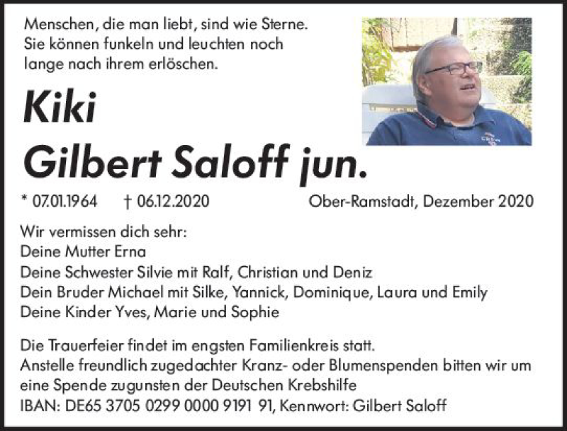  Traueranzeige für Gilbert Saloff jun. vom 12.12.2020 aus vrm-trauer