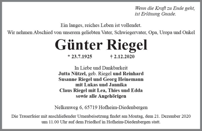  Traueranzeige für Günter Riegel vom 11.12.2020 aus vrm-trauer