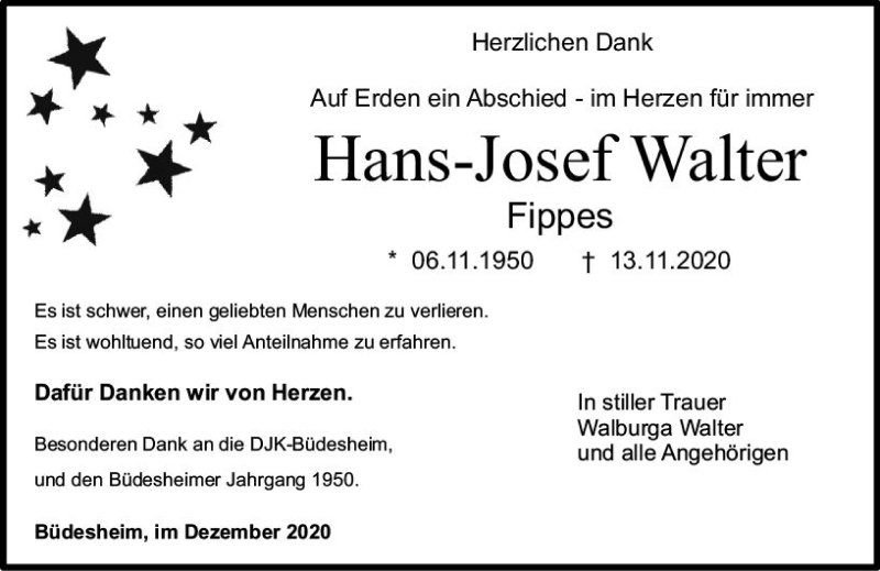  Traueranzeige für Hans-Josef Walter vom 12.12.2020 aus vrm-trauer