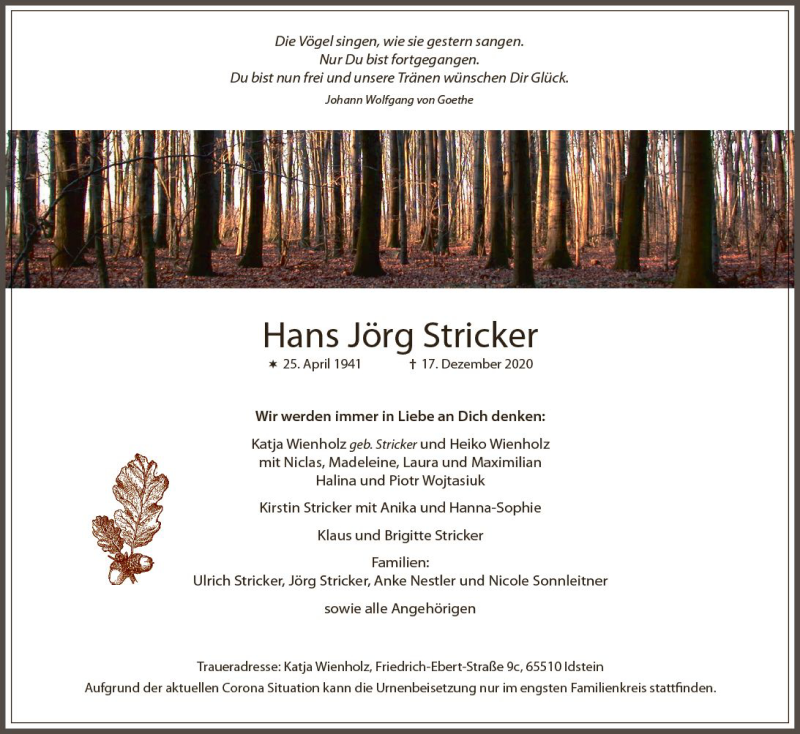  Traueranzeige für Hans-Jörg Stricker vom 24.12.2020 aus vrm-trauer