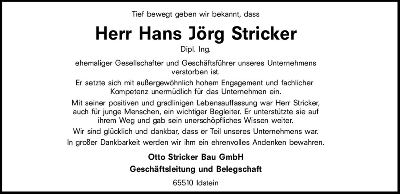  Traueranzeige für Hans Jörg Stricker vom 24.12.2020 aus vrm-trauer