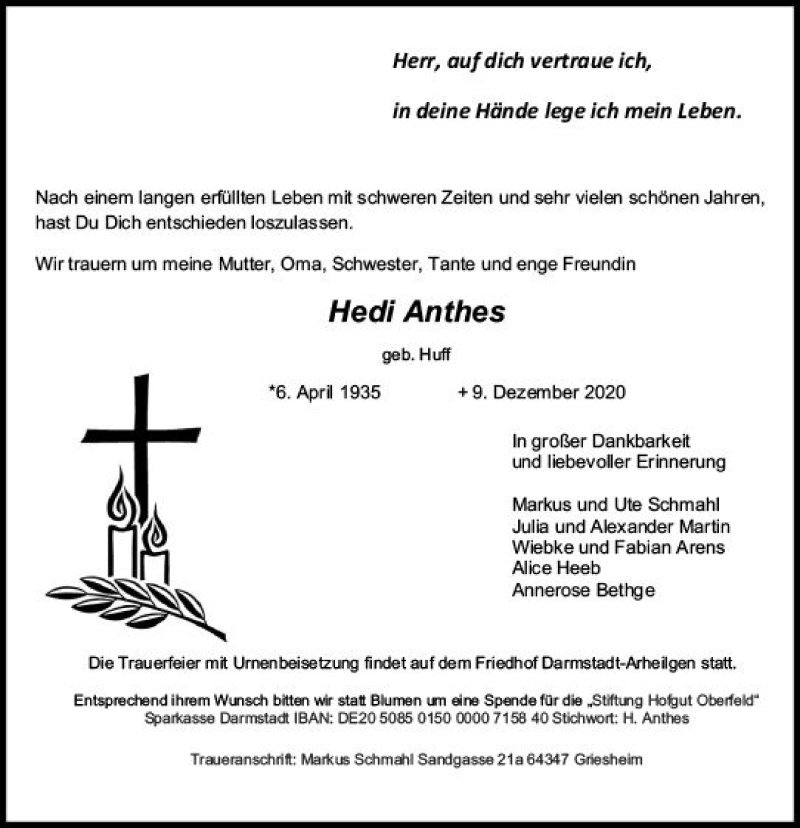  Traueranzeige für Hedi Anthes vom 12.12.2020 aus vrm-trauer