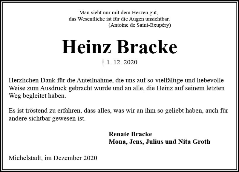  Traueranzeige für Heinz Bracke vom 19.12.2020 aus vrm-trauer