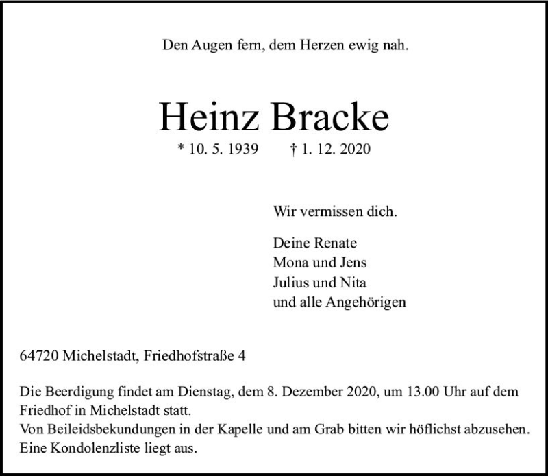  Traueranzeige für Heinz Bracke vom 05.12.2020 aus vrm-trauer
